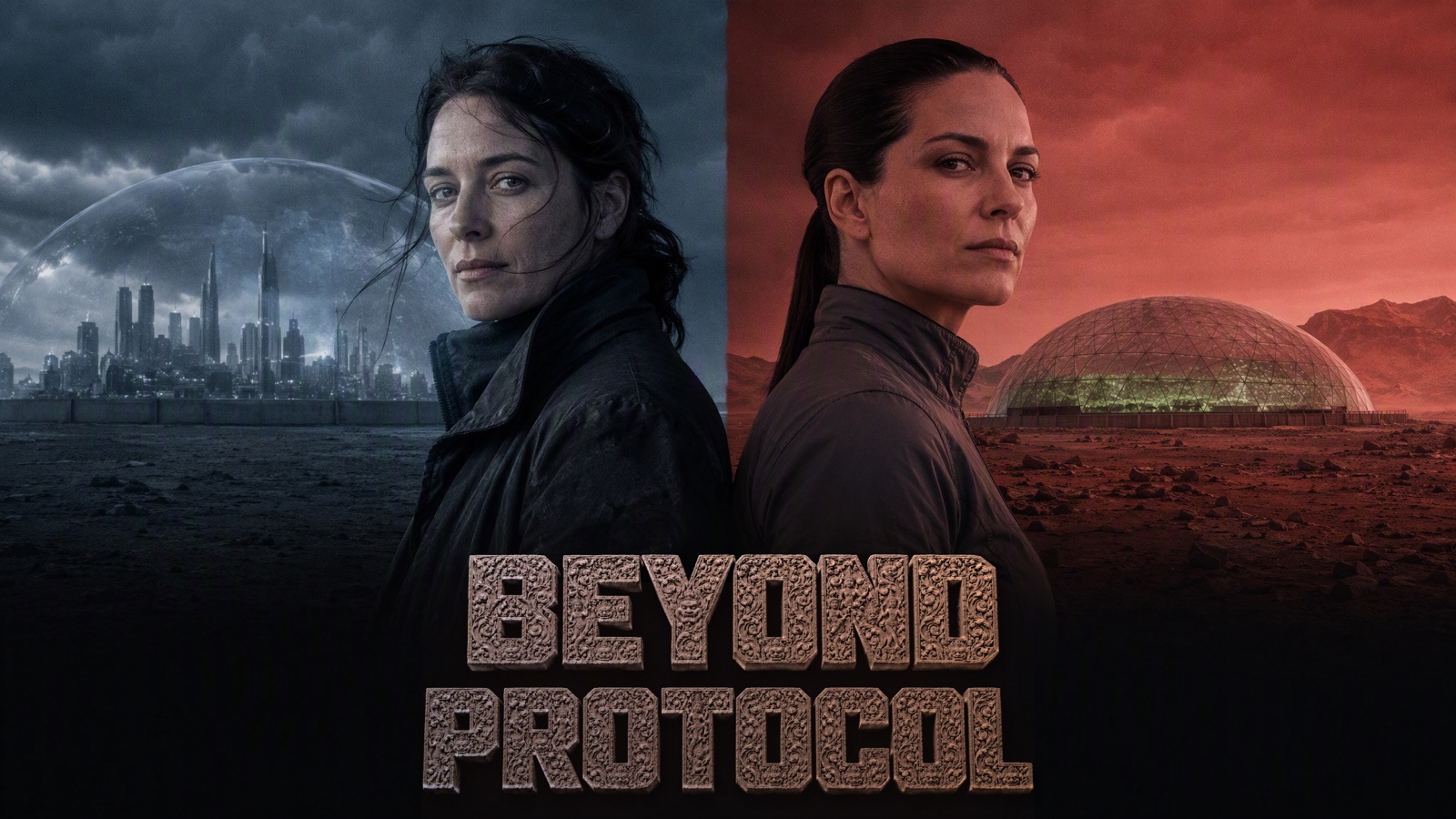 Beyond Protocol poster: Jay under the storm dome on Earth, Helena on Mars, back to back