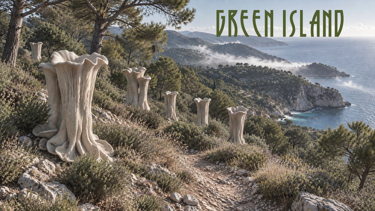 Green Island: towering fungi among the trees on a Mediterranean coast